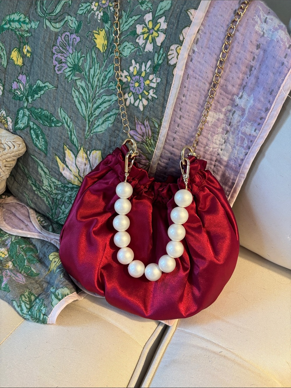Anthropologie Scrunched Mini Pearl-Handle Satin Shoulder Bag - Burgundy